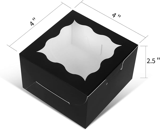 KPOSIYA 60 Pcs Black Bakery Boxes with Window - 4x4x2.5 Inch Individual Cupcake Boxes - Kraft Paper Black Gift Box for Pastries, Cookies, Pie, Donuts, Macaroon