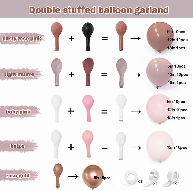 Dusty Rose Pink Balloon Arch Kit Double Stuffed Mauve Light Pink Matte Blush Nude Boho Balloon Garland for Baby Shower Birthday Bridal Wedding Flower Anniversary Party Decoration