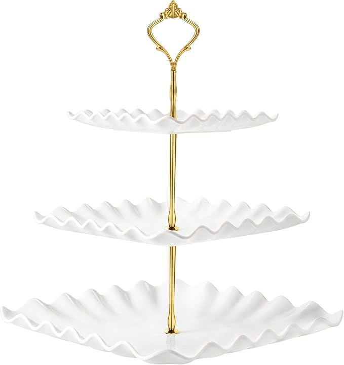 DAFURIET Plastic Dessert Cupcake Stand, 3 Tier Cup Cake Holder Tower for Tea Party/Birthday/Wedding, Tiered Serving Tray with Metal Rod, White