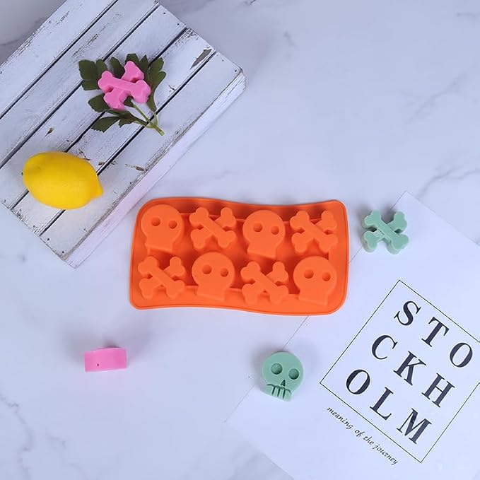 8 Cavities Silicone Cookies Biscuit Mold, Christmas Halloween Candy Mold, Reusable DIY Baking Mold Jelly Chocolate Mold, Ice Cube Tray Wax Melt Molds(Set of 2 Orange Skull)