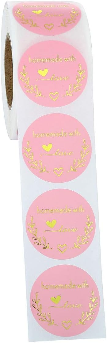 Yoption 1.5 Inch Round Homemade with Love Stickers Pink for Packaging, Cookie Bags, Small Shop Local Handmade, 500 Labels per Roll
