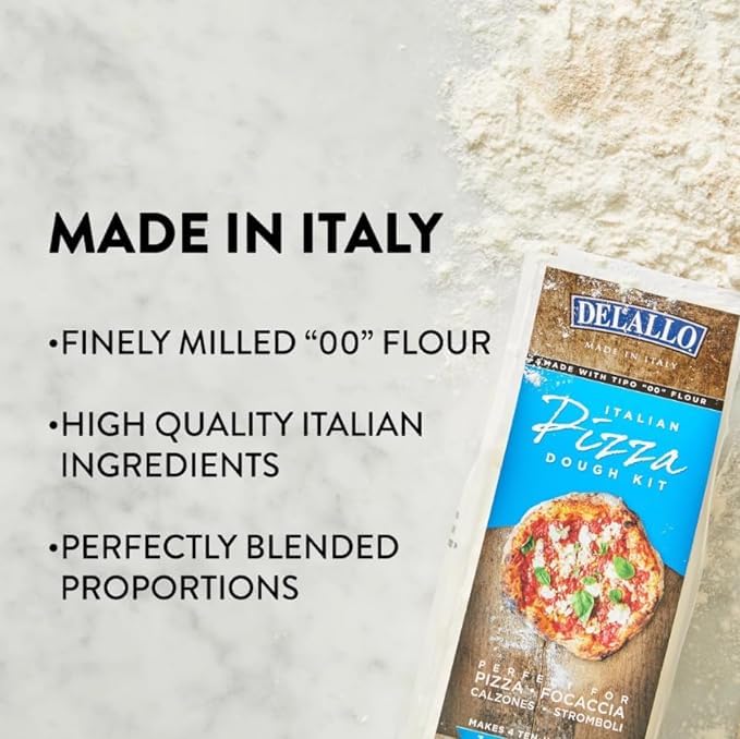 DeLallo, Italian Pizza Dough Kit, Pizza Crust Mix for Garlic Knots, Calzones, and Breadsticks, 00 Superfine Flour, Includes Instant Yeast Packet, Non-GMO, 17.6 oz Bag, (3 Pack)