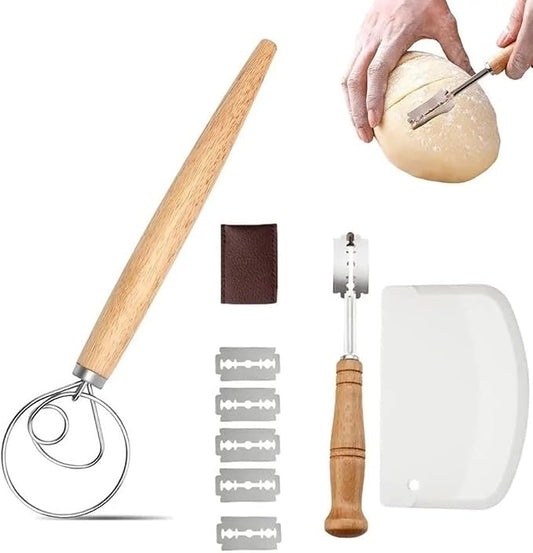 Danish Dough Whisk with Dough Scraper Bread Lame with 5 Blades and Leather Cover 13" Dutch Bread Whisk Bread Mixer Stainless Steel Dutch Bread Dough Whisk Hand Mixer for Sourdough, Pizza, Pastry, Cake