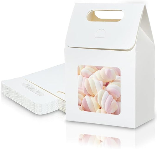 Liobelon 24 Pieces Mini Kraft Paper Gift Bags with Clear Window, 5.9 x 3.9 x 2.3inch Goodie Treat Box for Bakery Cookies, Wedding Favors, Small Business (white)