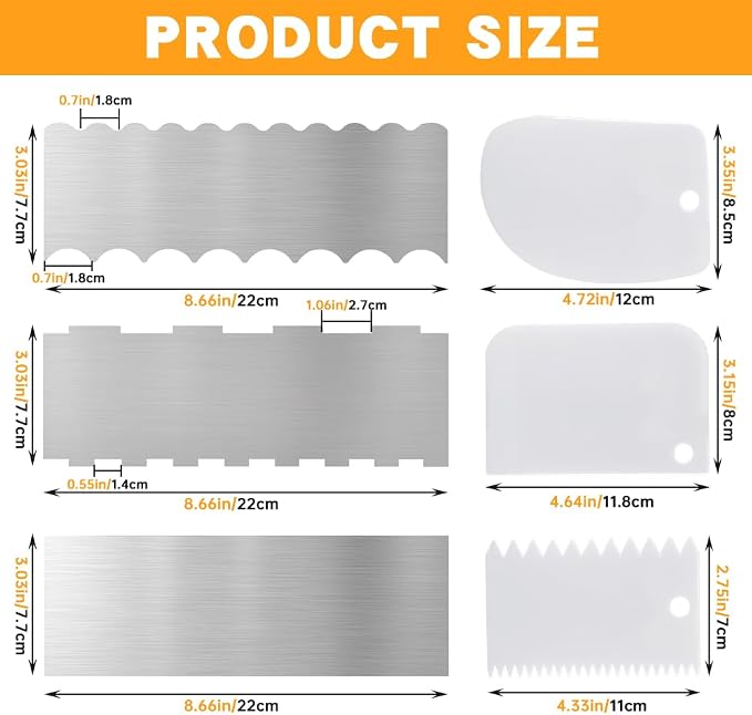 6PCS Stainless Steel Cake Scraper,Cake Decorating Comb Large Double Sided Patterned Edge Stripe Edge Cake Smoother Frosting Scraper for Mousse Butter Cream Decora(silver,Size:8.66inch/22cm)