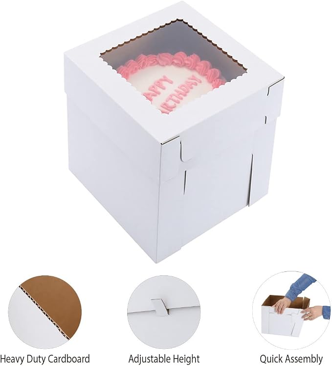 Tall Cake Boxes for Tier Cakes,10x10x12 Inch [10Pack ] Thick Sturdy Cake Box with Window,Layer Cake Carrier,Disposable Cake Containers