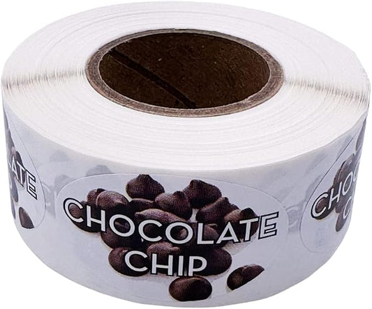 Chocolate Chip Flavor Label - Grocery Store, Bakery, Farmer's Market Food Labels 1.25 x 2 Inch Oval Shape 500 Total Adhesive Stickers