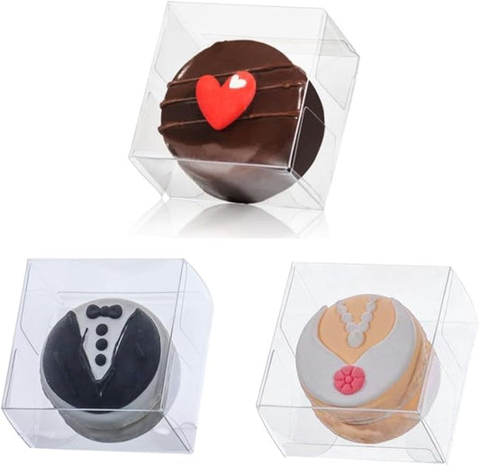 RomanticBaking 100pcs 2.17" × 2.17" × 1.38" Inch Chocolate Covered Mini Cookies Boxes Strawberry Macaron Boxes Clear Bakery Boxes for Gumballs, Pretzel,Browine,Malt Balls,Wedding Favors Party Boxes