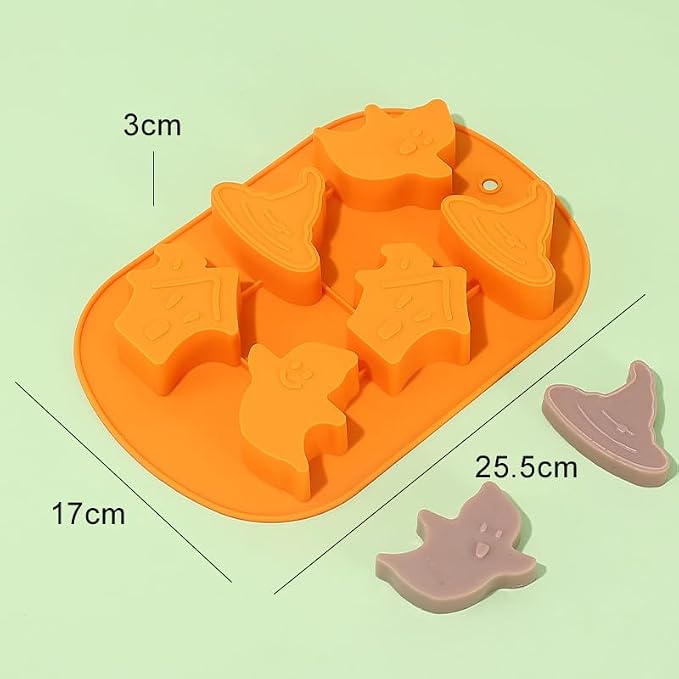 6 Cavities Silicone Cookies Biscuit Mold, Christmas Halloween Candy Mold, Reusable DIY Baking Mold Jelly Chocolate Mold, Ice Cube Tray Wax Melt Molds(Set of 2 Orange Ghost)
