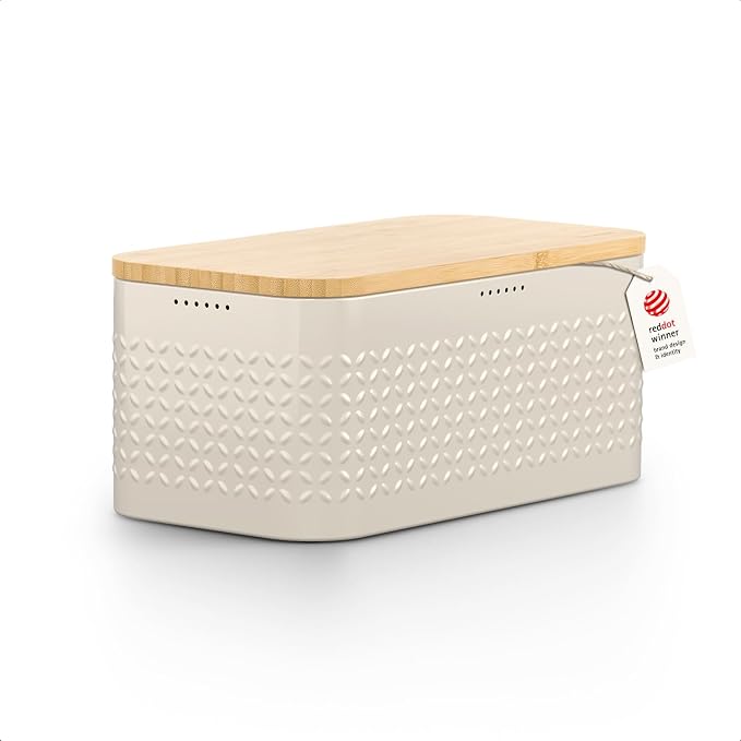LARS NYSØM Bread Box I Metal bread box for long lasting freshness with non-slip pads I Baked goods Bin with bamboo lid usable as cutting board I 13.6x7.3x6.2in (Cream Beige)