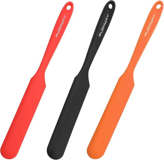 3pcs Silicone Jar Spatulas 10in Long Skinny Heat-Resistant, Narrow Spatula Set for Scraping Peanut Butter, Sourdough, Jam in Small Containers, Blenders & Baking (Black & Red & Orange)
