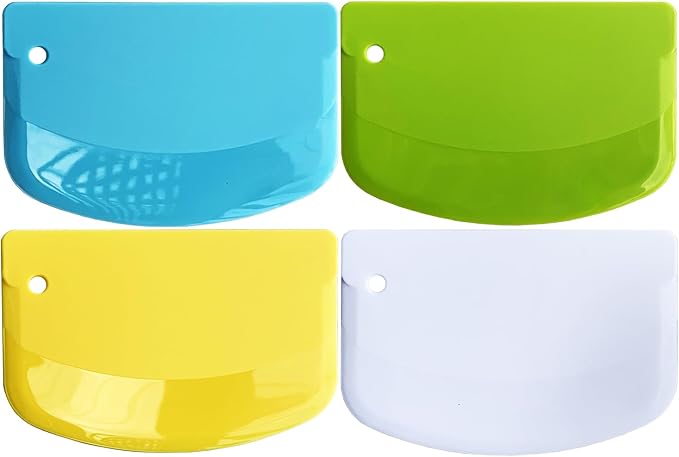 Hard Bench Scraper Dough Scraper for Baking, 4 PCs BPA Free PP Plastic Flexible Dough Cutter, Food-Safe Plastic Bread Making Tools Cake Dough Fondant Icing (White, Green, Yellow, Blue)