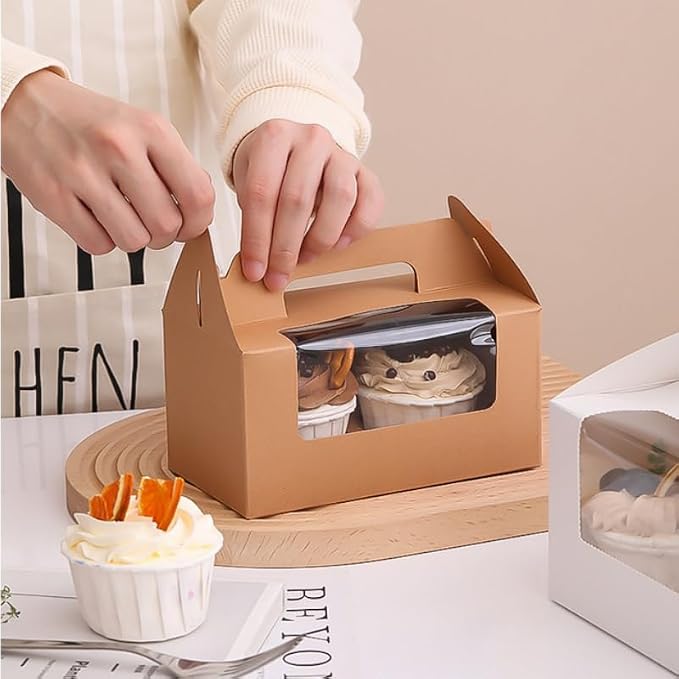 25Pcs Cupcake Containers -2 Holders Individual Cupcake Boxes with Clear Window Inserts and Handle Cupcake Muffins Cupcake Carriers for Birthday Party Wedding Cookies Pastries (Brown)