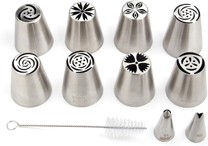 11 Pieces Stainless Steel Icing Tips Set, 8 Medium Russian Tulip Pastry Cupcake Dessert Piping Nozzle,1 Cleaning Brush,1 Ruffle Tip,1 Small Leaf Icing Tip for Cake Decorations