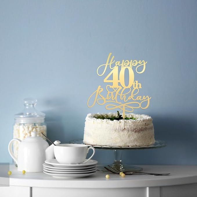 Happy 40th Birthday Cake Topper,Mirrored Gold Acrylic Durable Cake Topper，Hello 40, Cheers to 40 Years/40th Anniversary,40th Birthday Party Cake Decorations，Birthday Party Decorations