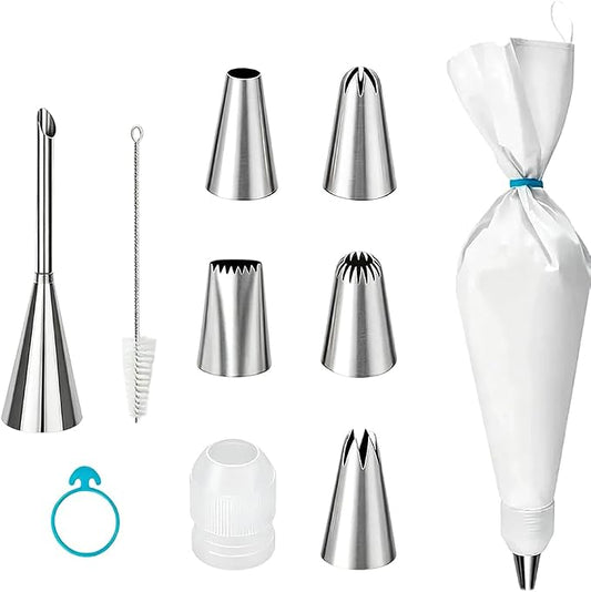 10-Piece Piping Bags and Tips Set, Reusable Cake Decorating Kit with 16 Inch Pastry Bag, 5 Icing Tips, 1 Puff Nozzle, 1 Bag Ties, 1 Couplers, 1 Brush, Baking Tools Frosting Kit for Cake Decorating