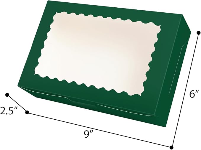 qiqee 50Pcs Deep Green Cookie Box with Window 9x6x2.5 inch Pastry Macaron Bakery Box For Packaging