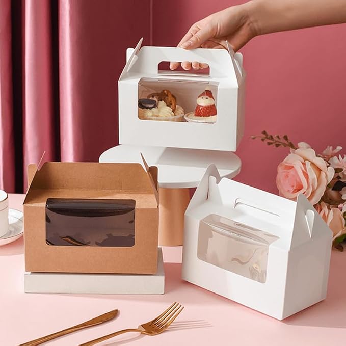 25Pcs Cupcake Containers -2 Holders Individual Cupcake Boxes with Clear Window Inserts and Handle Cupcake Muffins Cupcake Carriers for Birthday Party Wedding Cookies Pastries (White)