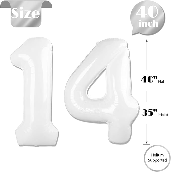White Number 14 Balloon 40 inch, 14 Number Balloons, 14th White Birthday Decorations for Girls Boys 14 Year Old Party Supplies
