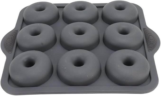 Limen Silicone Donut Baking Mould Tray, 9-Cavity Non-Stick Ring Cake Pan with Center Posts and Dual Side Handles for Oven Baking 11.5x10.12 in(Grey)