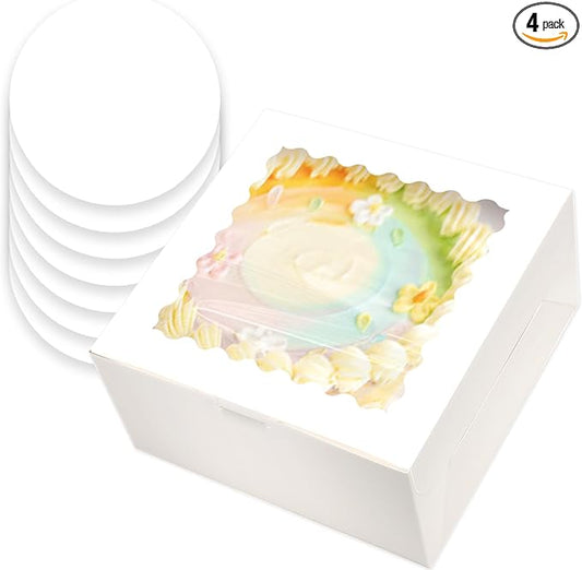 qiqee White 8"x8"x5" Cake Box 4Pcs, 6" White Cake Round Boards 4Pcs, for Cake, Treat Cookie Dessert, Birthday Party