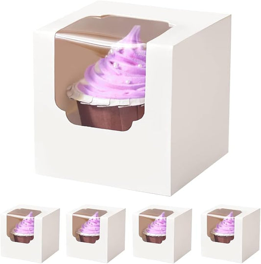 White Cupcake Boxes Individual 15 Count Pre-Assembled with Window and Inserts, Individual Cupcake Containers Auto-Popup for Wedding Baby Shower Mothers Day Birthday 3.5" x 3.5" x 3.5"