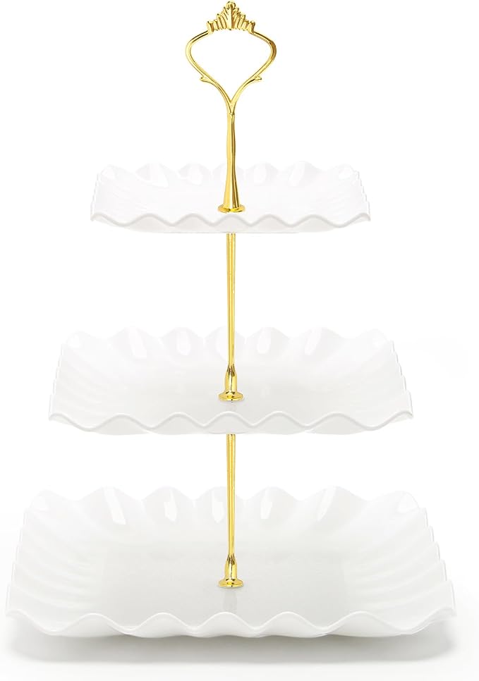 Coitak 3 Tier Cupcake Stand, Plastic Tiered Serving Stand, Square Dessert Tray for Tea Party, Birthday and Wedding (Pure White)
