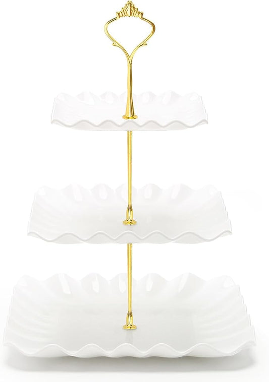 Coitak 3 Tier Cupcake Stand, Plastic Tiered Serving Stand, Square Dessert Tray for Tea Party, Birthday and Wedding (Pure White)