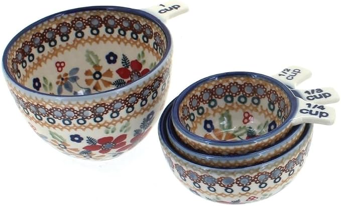 "Blue Rose Polish Pottery - Red Daisy Measuring Cup Set - 1 Set - Ceramic Nesting Measuring Bowls for Baking, Cooking & Kitchen Prep"