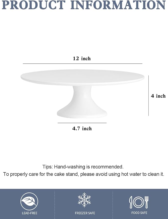 Kanwone 12-Inch Porcelain Round Cake Stand, Cake Plate, Dessert Stand, Cake Stand for Party, Home Decorating Stand, White
