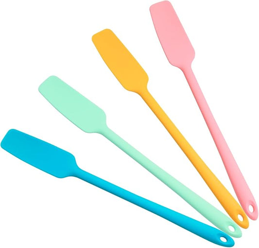 Silicone Jar Spatulas 4 Pack | Long Handle Heat Resistant 600°F Non-Stick Scrapers | for Mason Jars, Baking, Cake Icing, Jam, Blenders | Small Kitchen Utensils | 4 colors