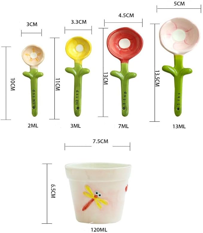 Sunflowers Measuring Spoons and Cups Set, Cute Ceramic Measuring Spoons, Baking Sunflowers Measuring Spoon with Holder for Milk Powder Sugar Salt Wet Dry Ingredients