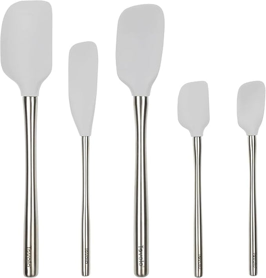 Tovolo Stainless Steel Handled Silicone Spatula Set of 5 Oyster Gray, Dishwasher Safe Kitchen Spatula Set for Cooking Baking, Non Toxic BPA Free Silicone Spatula set with Metal Steel Handle