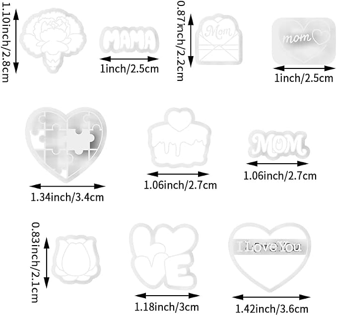Mother’s Day Polymer Clay Cutters & Stamps Set - 10pcs Sharp & Durable Mom, MAMA, LOVE, Puzzle Heart, Envelope & Cake Shapes for DIY Earring Jewelry Making, Soft Clay Crafts & Holiday Supplies