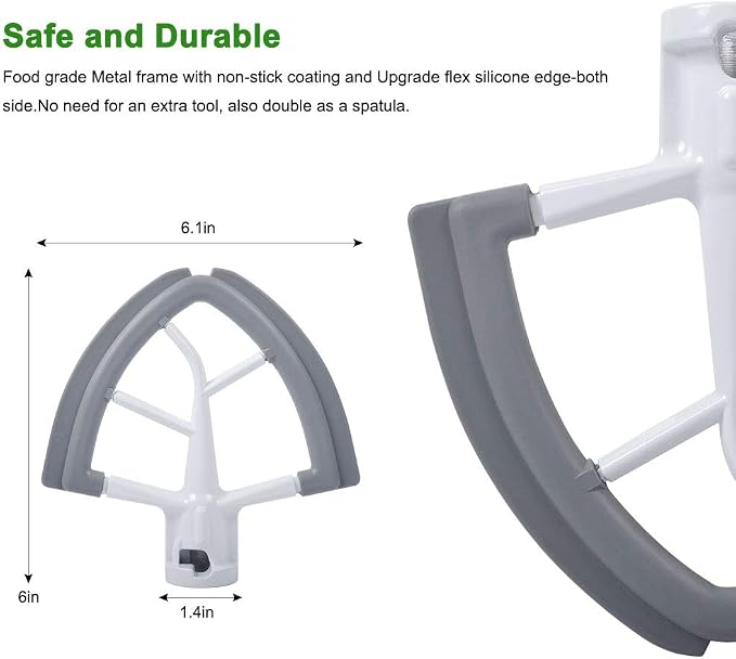 Flex Edge Beater Fit for Kitchenaid Mixer, 4.5-5 Quart Tilt-Head Flat Beater Fit for Kitchen Aid and Accessories Attachments with Silicone Edges Flex Edge Bowl Scraper Bonus 4 Soft Scraper