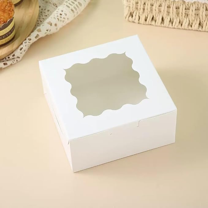 JIYIXhylera 30Pcs (6x6x3 in) Mini Cake Boxes with Display Window for Gift Giving, Bakesale, Cupcakes, Dessert, Cookies, Pie, Macaroons, Donuts, Pastry, Kraft Paper Material… (30Pcs White)