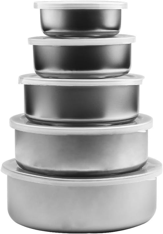 Stainless Steel Mixing Bowls Set with 5 Lids, 5-Piece Nesting Food Storage Containers for Meal Prep and Leftovers, Dishwasher Safe Kitchen Gadgets in Silver, Sizes 10cm to 18cm