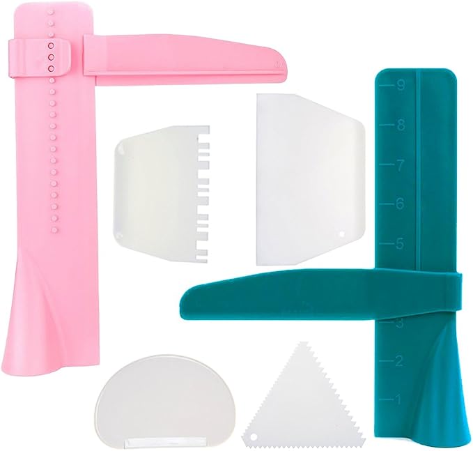 2pcs Adjustable Cake Smoother Polisher with 4pcs Different Scrapers, FineGood Fondant Cream Edge Smoothing Decorating Tools - Green, Pink