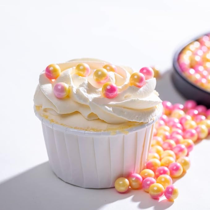 Pink Yellow Pearl Sprinkles,Cake sprinkles,Cookie sprinkles,Sugar Pearl, Edible Candy Pearls 7mm 130g 4.6OZ for Cake Cupcake Decorationg (Pink+Yellow)
