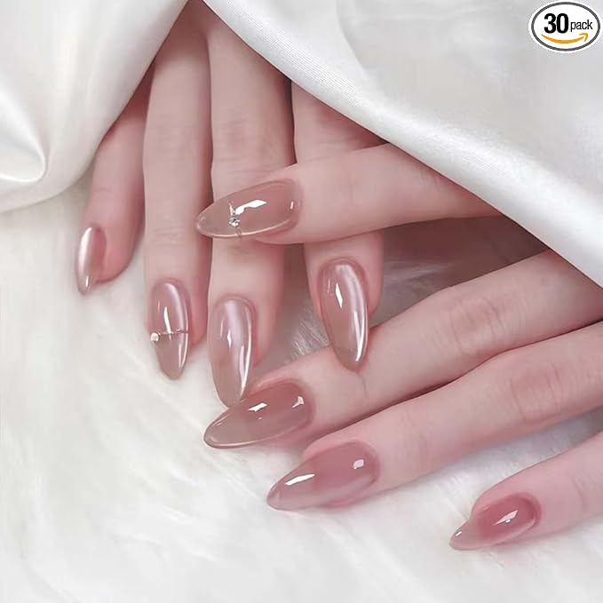 30Pcs French Press on Nails Short Almond ZWENJIE Cat Eye Fake Nails Press ons Nail Tips Stick on Nails Glossy Acrylic Nails Kit False Nails with Light Blue Design Nail Art for Women Glitter Manicure