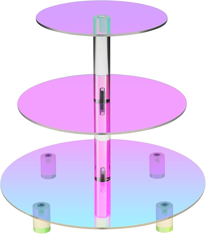 3 Tier Iridescent Acrylic Cupcake Stand (6", 8", 10") with 4" Spacing - Rainbow Holographic Dessert Tower with Solid Rods - Color Changing Cake Display for Disco, Mermaid, & Birthday Party Decor (Rainbow Colors)