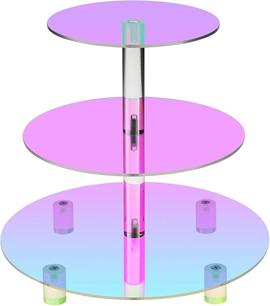 3 Tier Iridescent Acrylic Cupcake Stand (6", 8", 10") with 4" Spacing - Rainbow Holographic Dessert Tower with Solid Rods - Color Changing Cake Display for Disco, Mermaid, & Birthday Party Decor (Rainbow Colors)