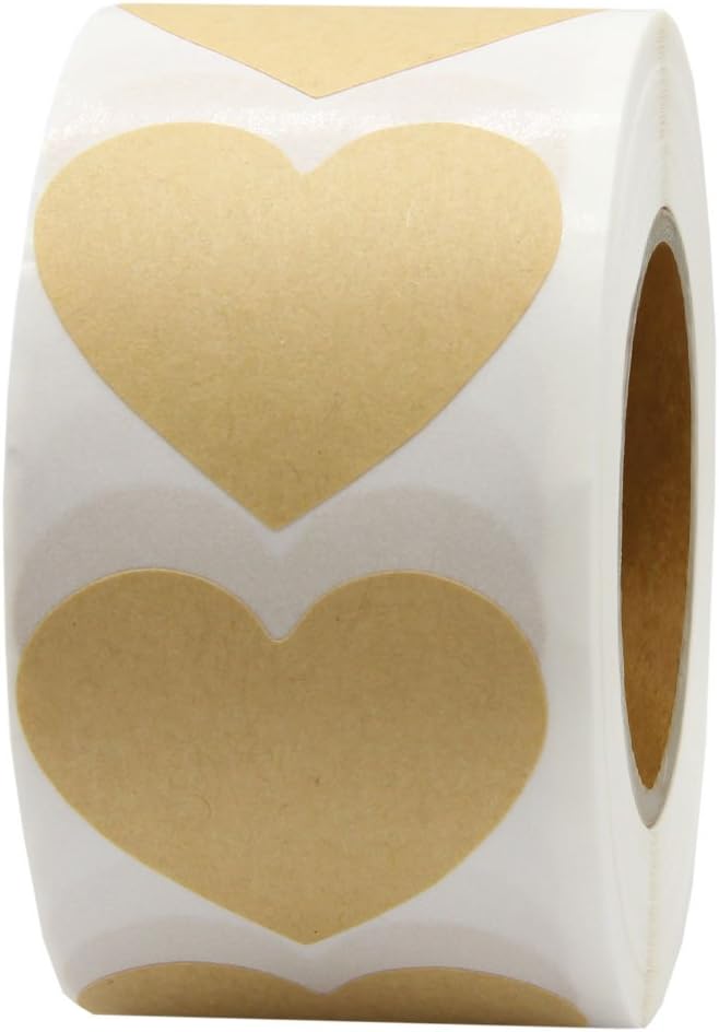 Hcode Love Heart Shape Natural Kraft Permanent Adhesive Label 1.5'' Labels of Paper 500 Stickers per Roll (Heart, Kraft)