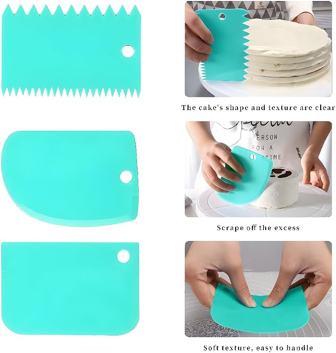 Cake Decorating Scraper Set, 6 Piece Plastic Icing Smoother Tools, Serrated and Flat Edge Dough Scrapers for Baking, Pastry, Bread, Pizza, 2.95-4.81 Inch (green)