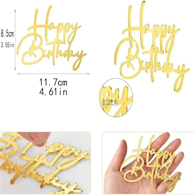 10pcs Side Happy Birthday Cake Topper Gold Acrylic Birthday Cupcake Topper for Kids Birthday Party Cake Decorations (I)