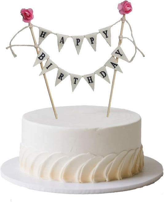 HAPPY BIRTHDAY Cake Topper with Wooden Sticks & Pink Flowers - 7.9 Inch Personality Banner Letters on Ivory Mesh for Girls, Women - Party Cake Decorations