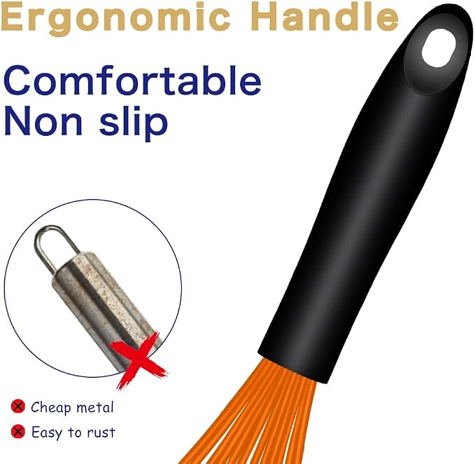 OYV Dishwasher Safe Orange Silicone Whisk, Sealed Waterproof Design Set of 3, Professional Kitchen Whisks for Cooking Non-Scratch, Silicone&Stainless Steel Whisk, Heat Resistant Plastic wisk, BPA free