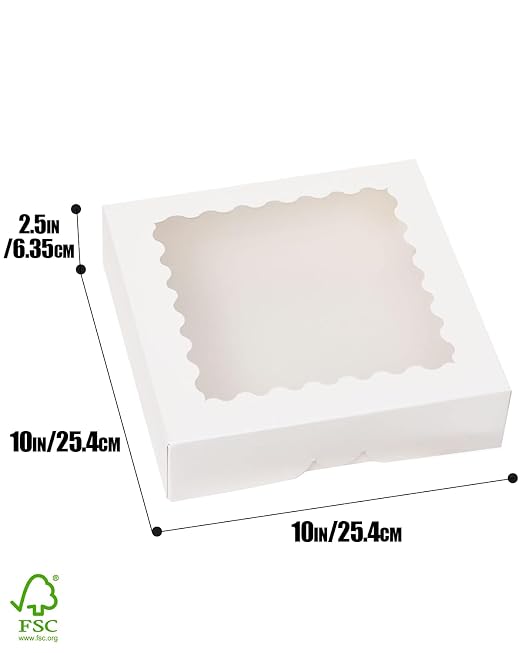 qiqee 10"x 10"x 2.5" White Pie Boxes with Window 120Packs Cookie Donut Bakery Box (Auto-pop Up)