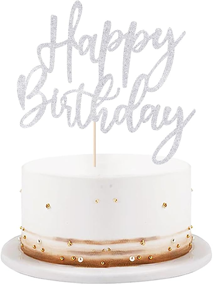 LVEUD Glitter Happy Birthday Cake Topper, Cake Decoration Suitable For Party Decoration - Silver