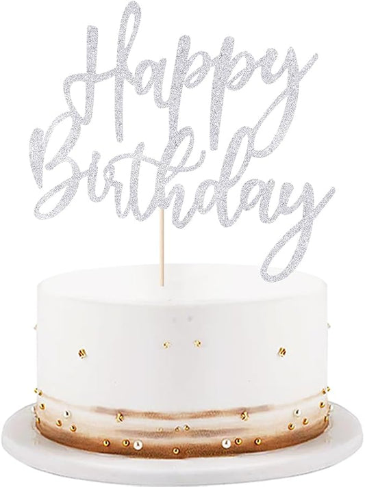 LVEUD Glitter Happy Birthday Cake Topper, Cake Decoration Suitable For Party Decoration - Silver